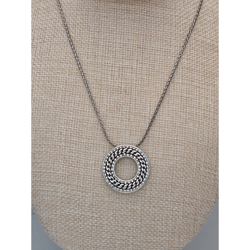 BRIGHTON Signed Circle Pendant Necklace Cubic Ziconia Silver Plated Reversible‎